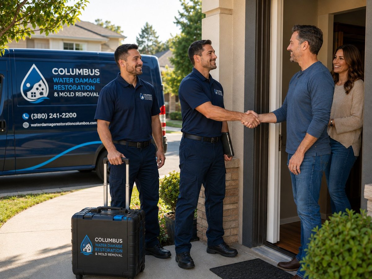 Columbus Water Damage technicians arriving at a customer's home and greeting the homeowners
