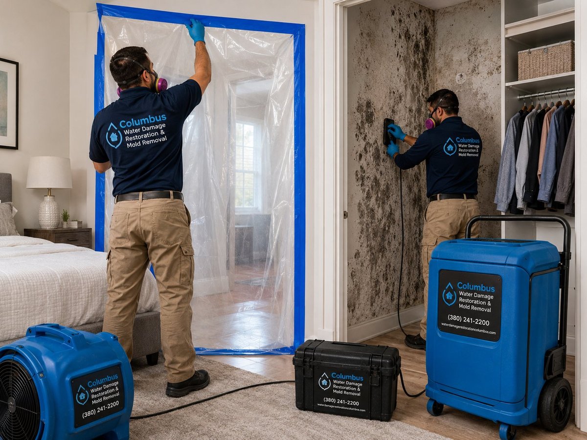 Columbus crew in protective gear setting up containment and removing mold from a closet wall